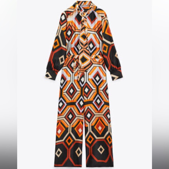 NWT ZARA Women's Geometric Print Jumpsuit Black/ Orange Size Small - Picture 4 of 12